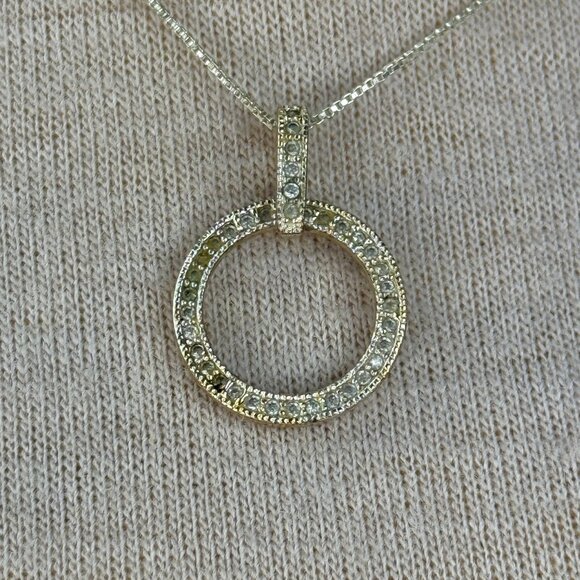 Sterling Silver Circle Pendant Necklace CW 925 Diamond Chip 16.5" - Picture 2 of 6